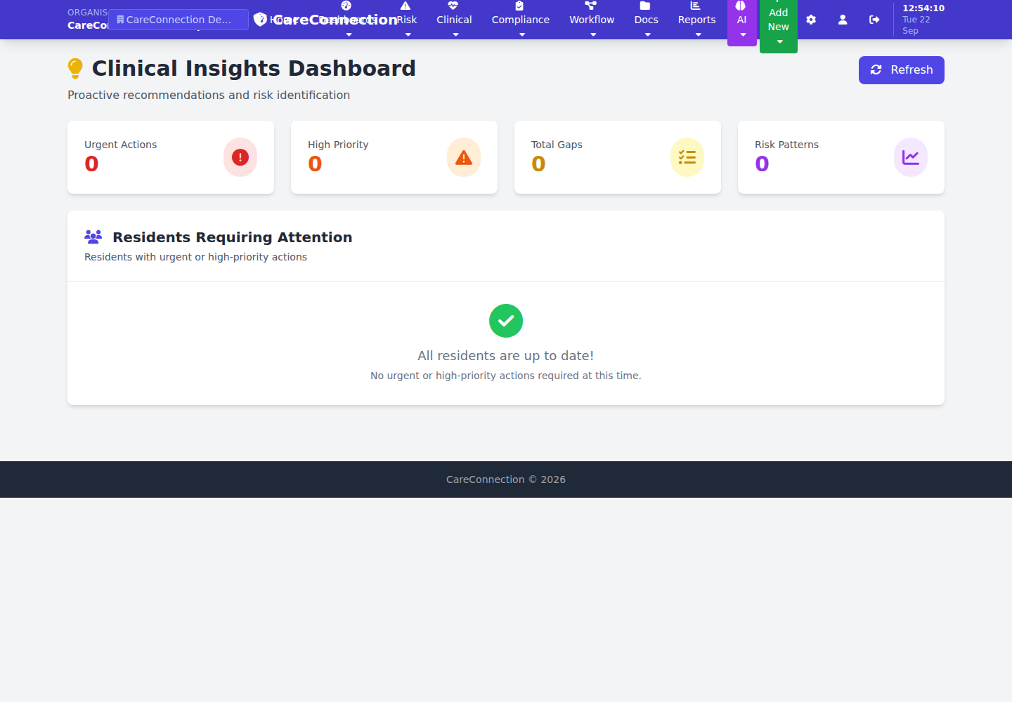 Clinical insights view showing residents requiring attention and risk patterns